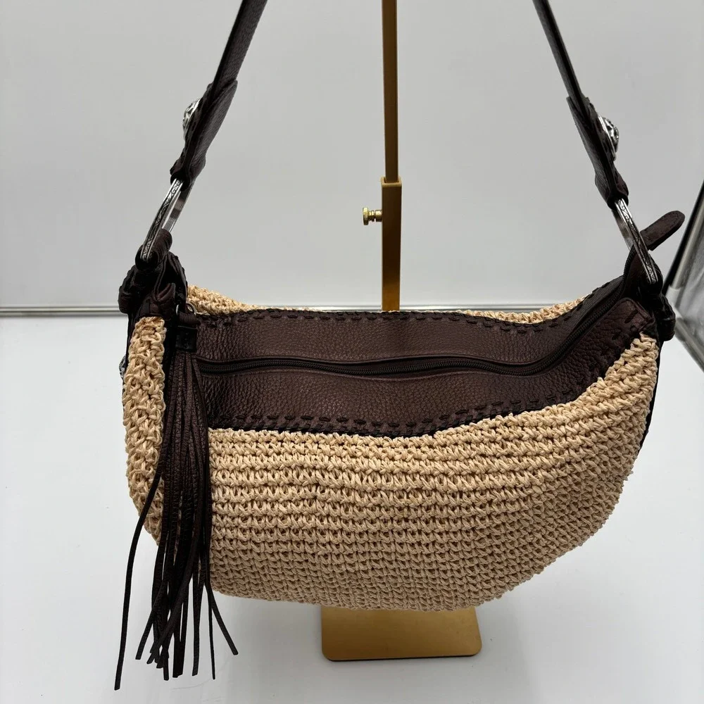 Brighton Woven Straw Leather Shoulder Bag Brown‎ Fringe Trim Boho Hobo